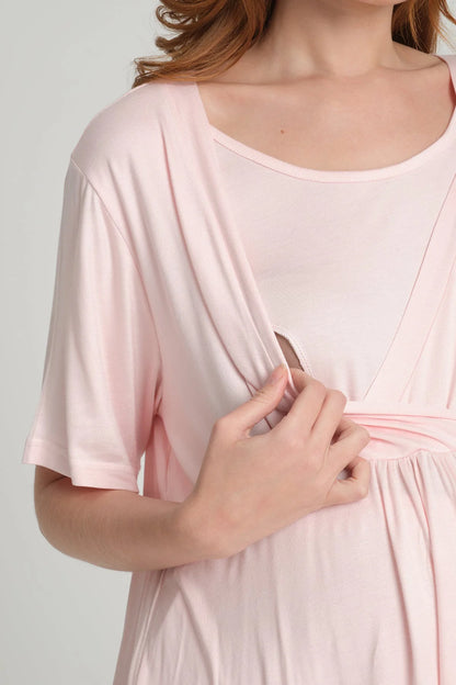 Volan Kol Sabahlıklı Kruvaze Lohusa Hamile Pijama Takımı Pembe - 2382