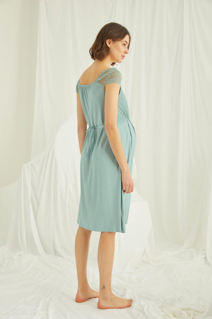 Dantelli Omuz Sabahlıklı Lohusa Gecelik Takımı - 18467