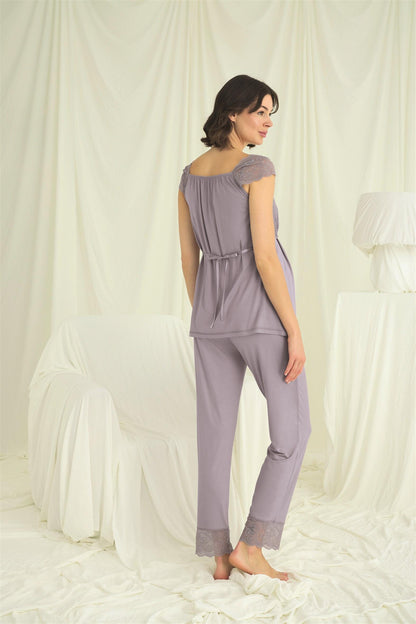 Önden Düğmeli Dantel Detay Sabahlıklı Lohusa Hamile Pijama Takımı - 18669