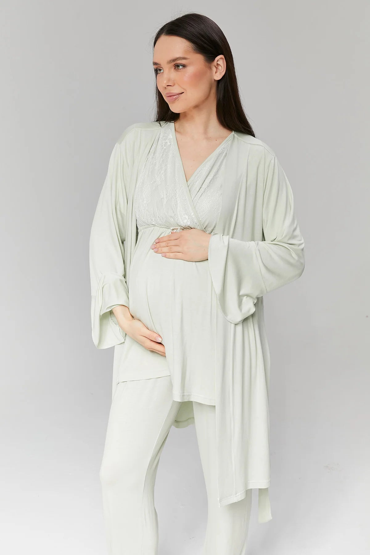 Kruvaze Fakir Kol Sabahlıklı Lohusa Hamile Pijama Takımı Mint - 502