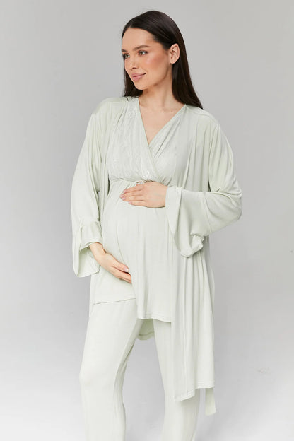 Kruvaze Fakir Kol Sabahlıklı Lohusa Hamile Pijama Takımı Mint - 502