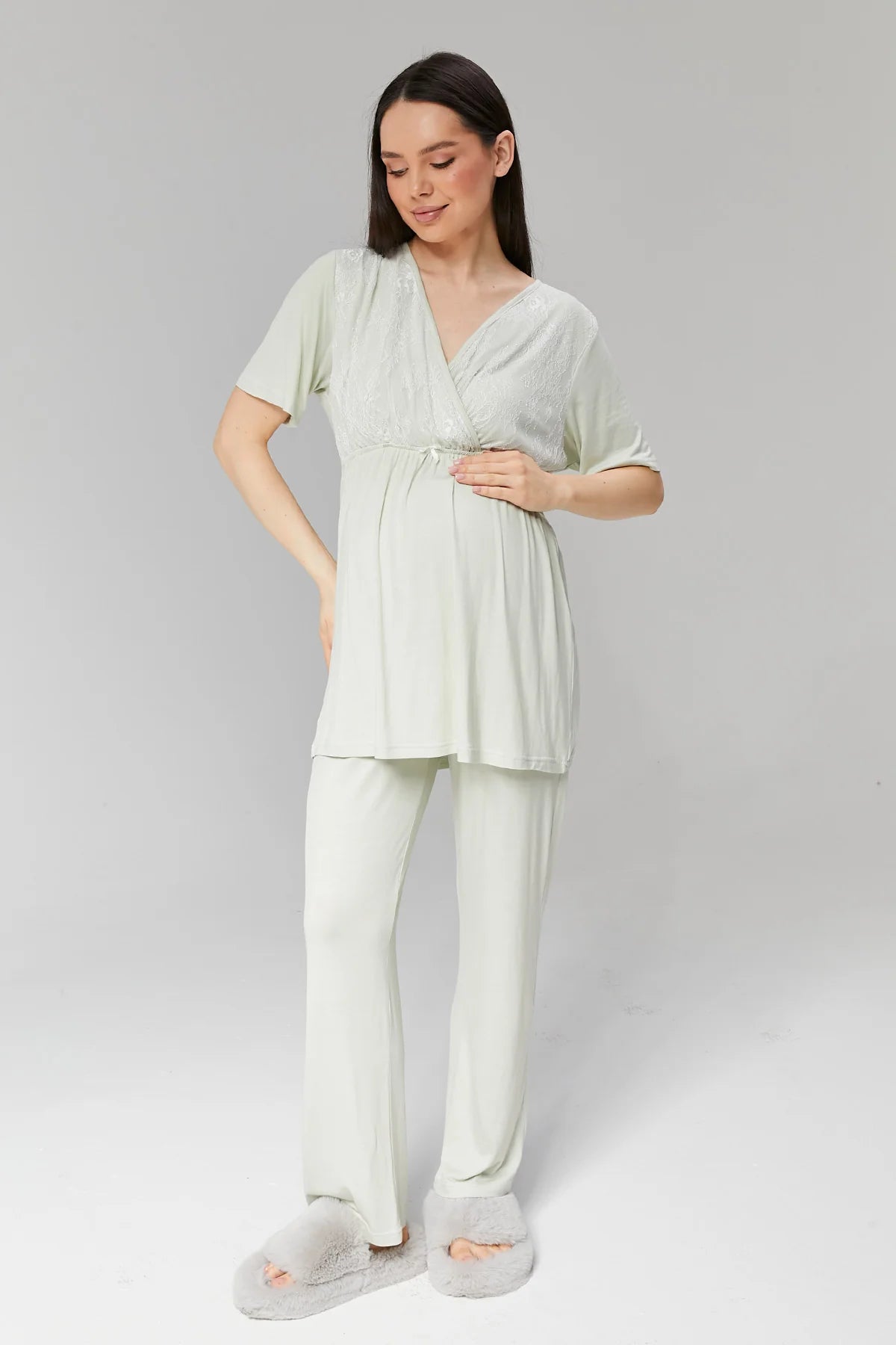 Kruvaze Fakir Kol Sabahlıklı Lohusa Hamile Pijama Takımı Mint - 502