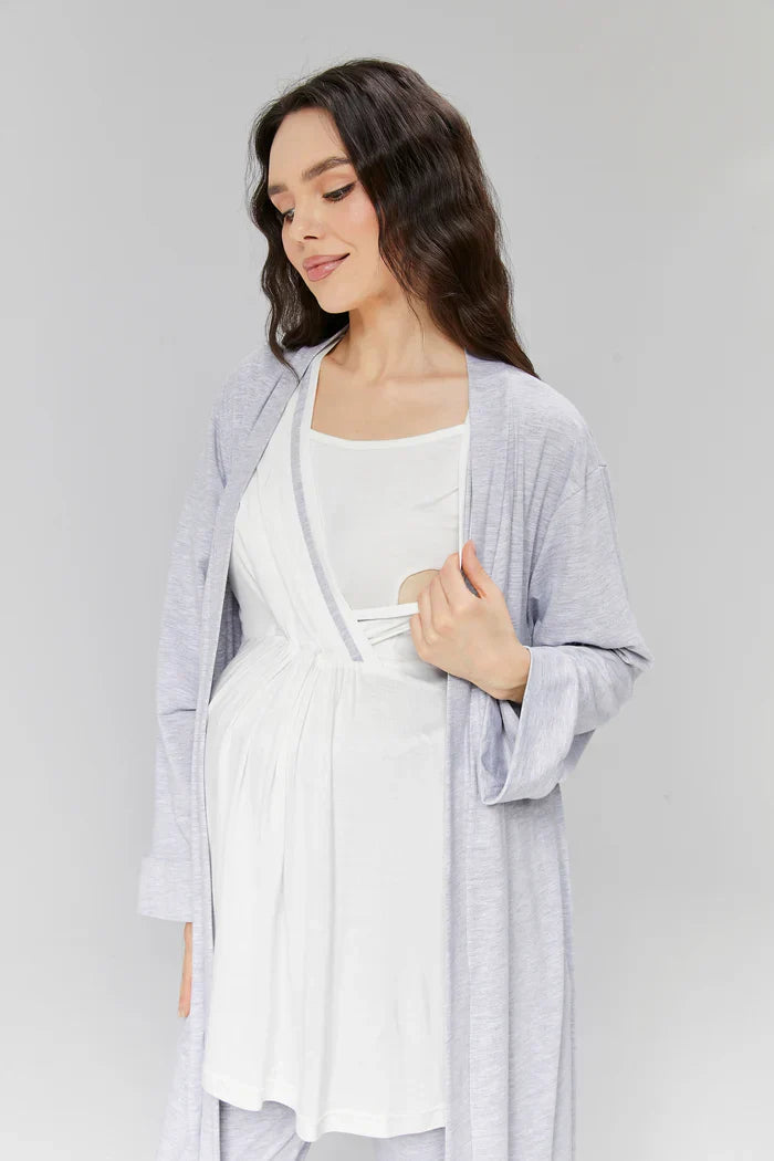 Biyeli Kruvaze Sabahlıklı Lohusa Hamile Pijama Takımı Gri- 503