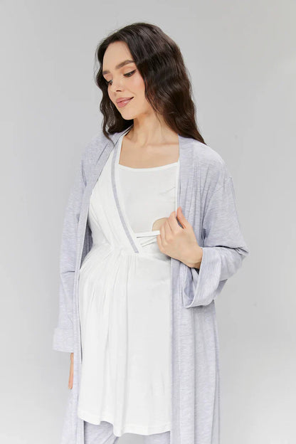 Biyeli Kruvaze Sabahlıklı Lohusa Hamile Pijama Takımı Gri- 503