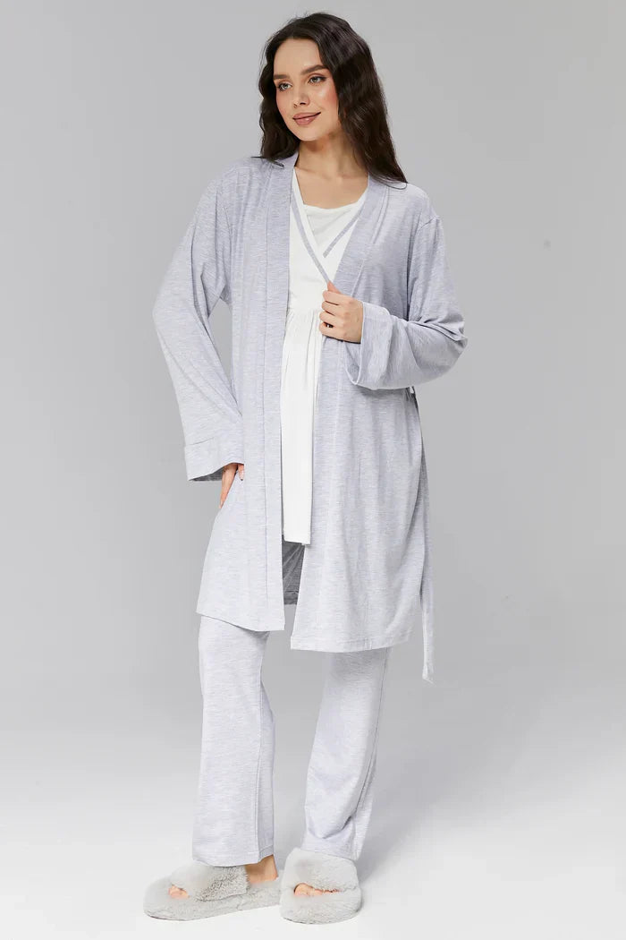 Biyeli Kruvaze Sabahlıklı Lohusa Hamile Pijama Takımı Gri- 503