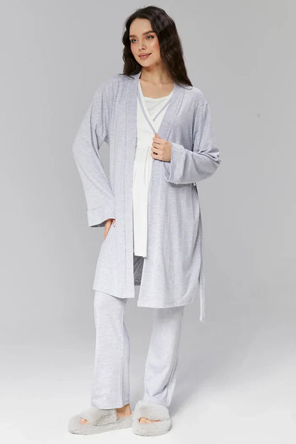 Biyeli Kruvaze Sabahlıklı Lohusa Hamile Pijama Takımı Gri- 503