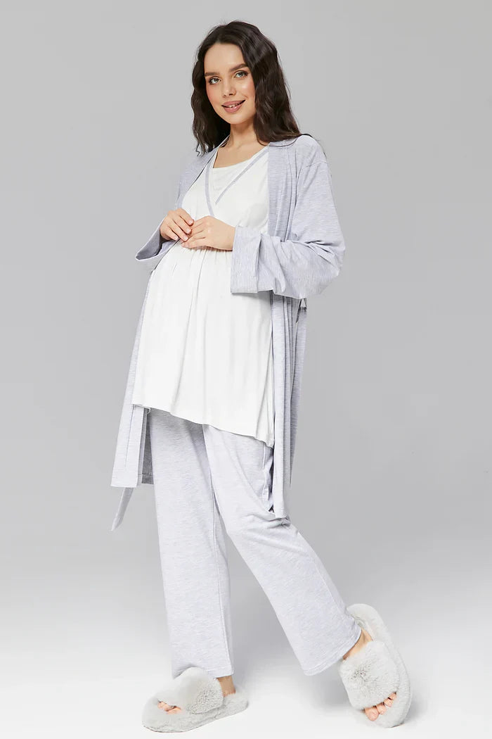 Biyeli Kruvaze Sabahlıklı Lohusa Hamile Pijama Takımı Gri- 503