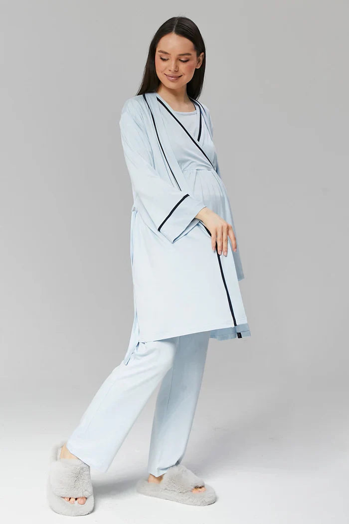 Kruvaze Biyeli Sabahlıklı Lohusa Hamile Pijama Takımı Mavi- 515