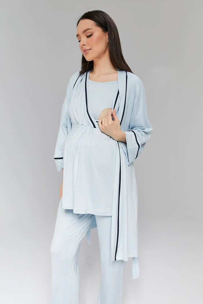 Kruvaze Biyeli Sabahlıklı Lohusa Hamile Pijama Takımı Mavi- 515