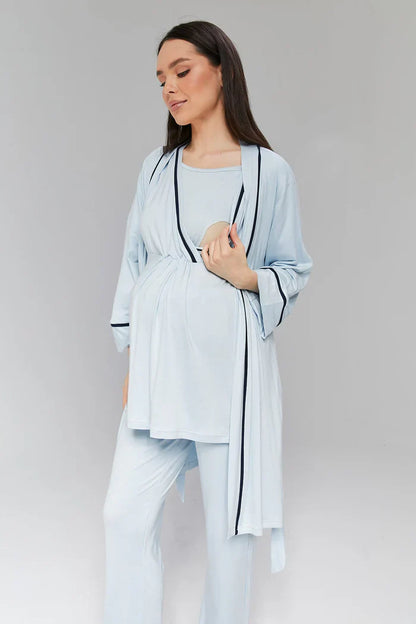 Kruvaze Biyeli Sabahlıklı Lohusa Hamile Pijama Takımı Mavi- 515