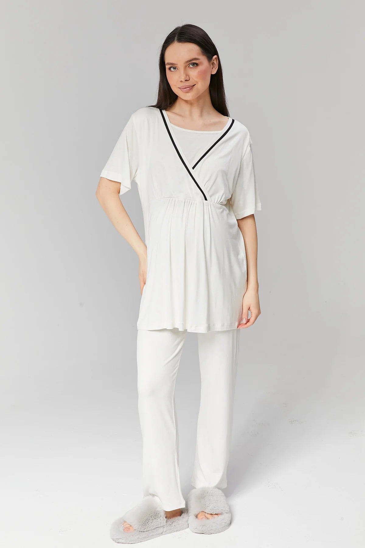 Kruvaze Biyeli Sabahlıklı Lohusa Hamile Pijama Takımı Ekru -516