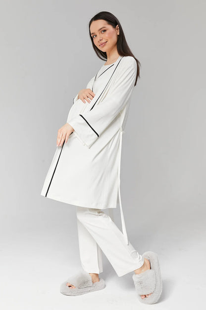 Kruvaze Biyeli Sabahlıklı Lohusa Hamile Pijama Takımı Ekru -516