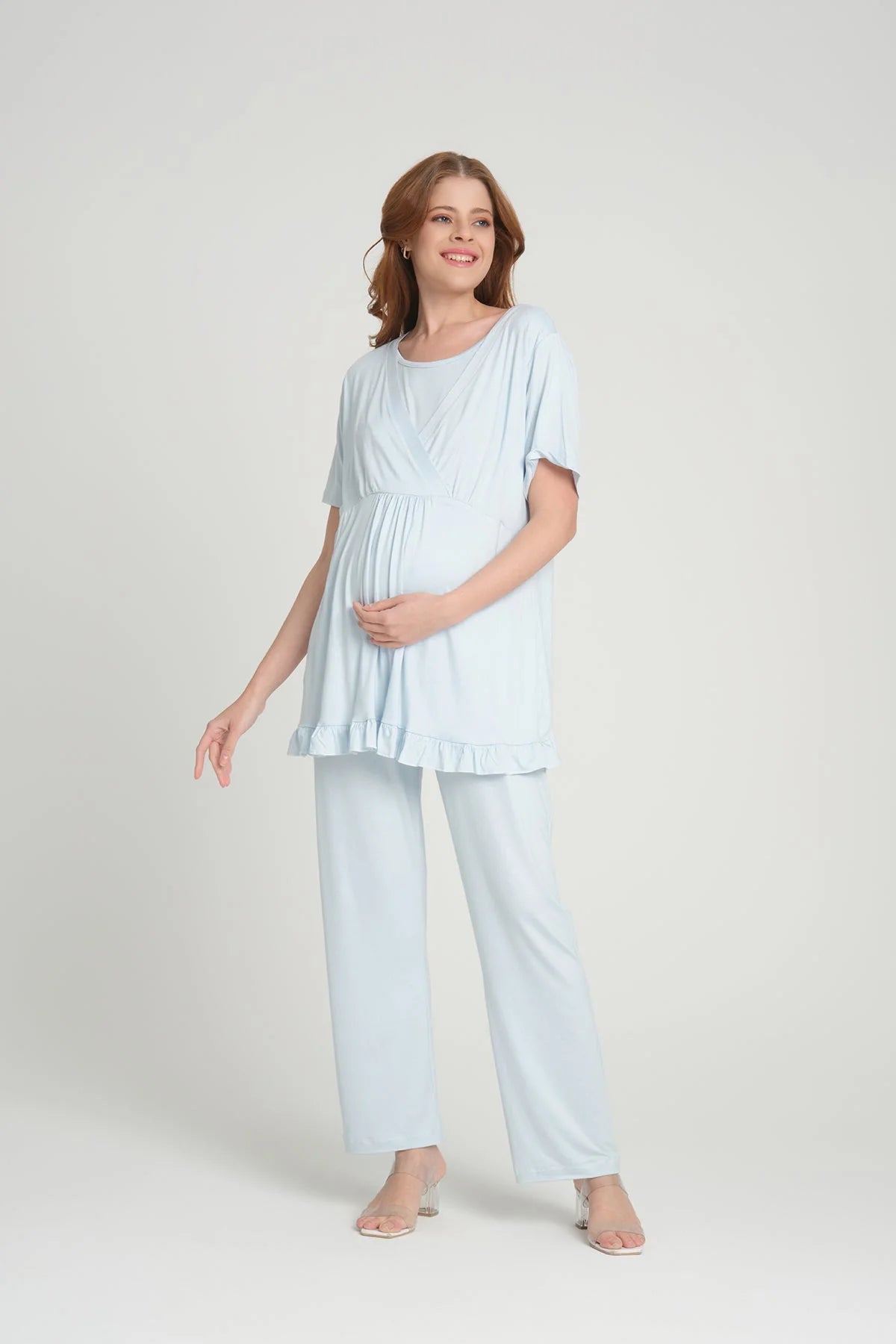 Mavi Volan Kol Sabahlıklı Kruvaze Lohusa Pijama Takımı - 2364