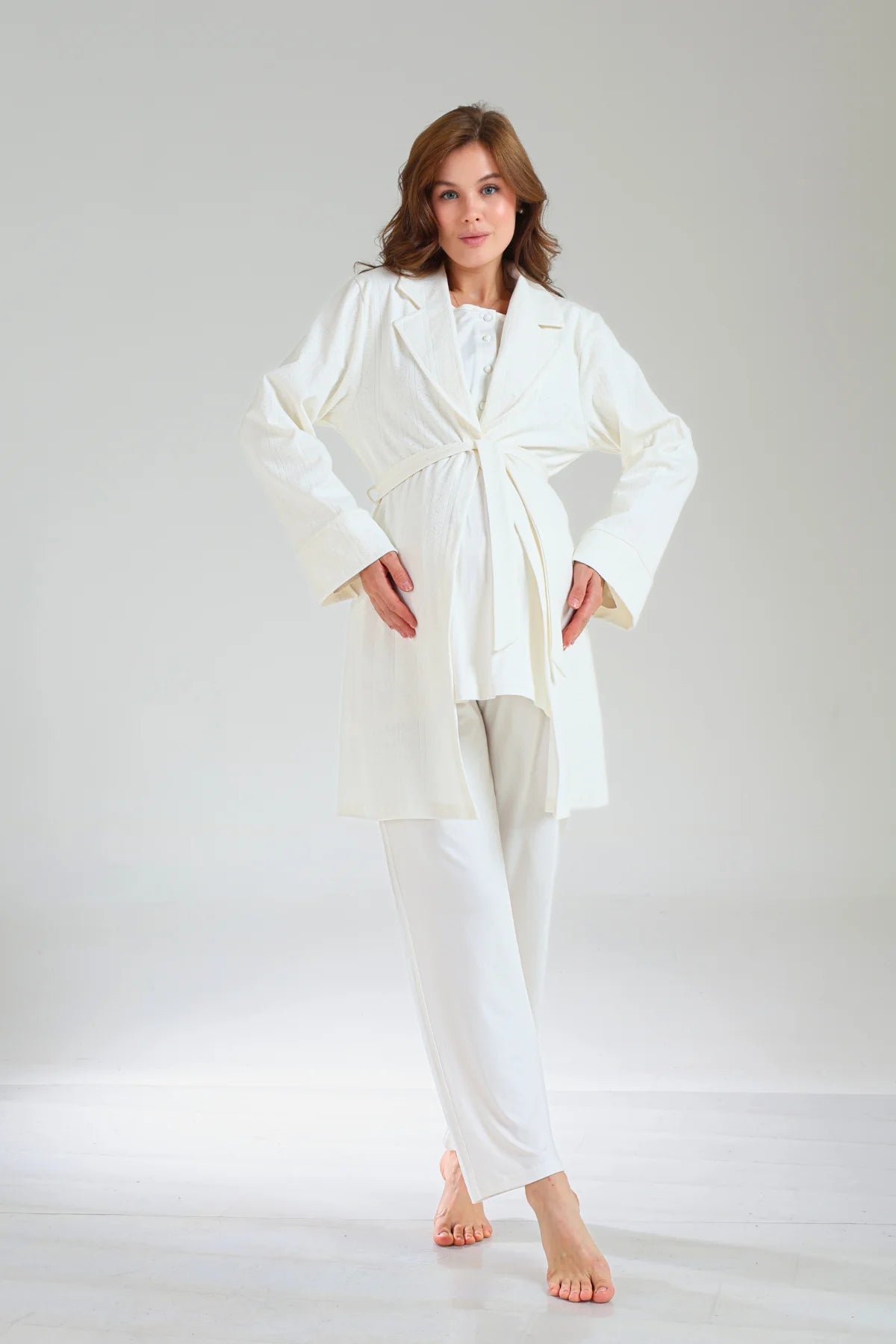 Jakarlı Kışlık Pamuklu Sabahlıklı 3'Lü Lohusa Hamile Pijama Takımı Ekru-1035