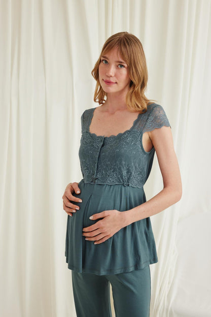 Dantelli Omuz Sabahlıklı Lohusa Pijama Takımı - 18535