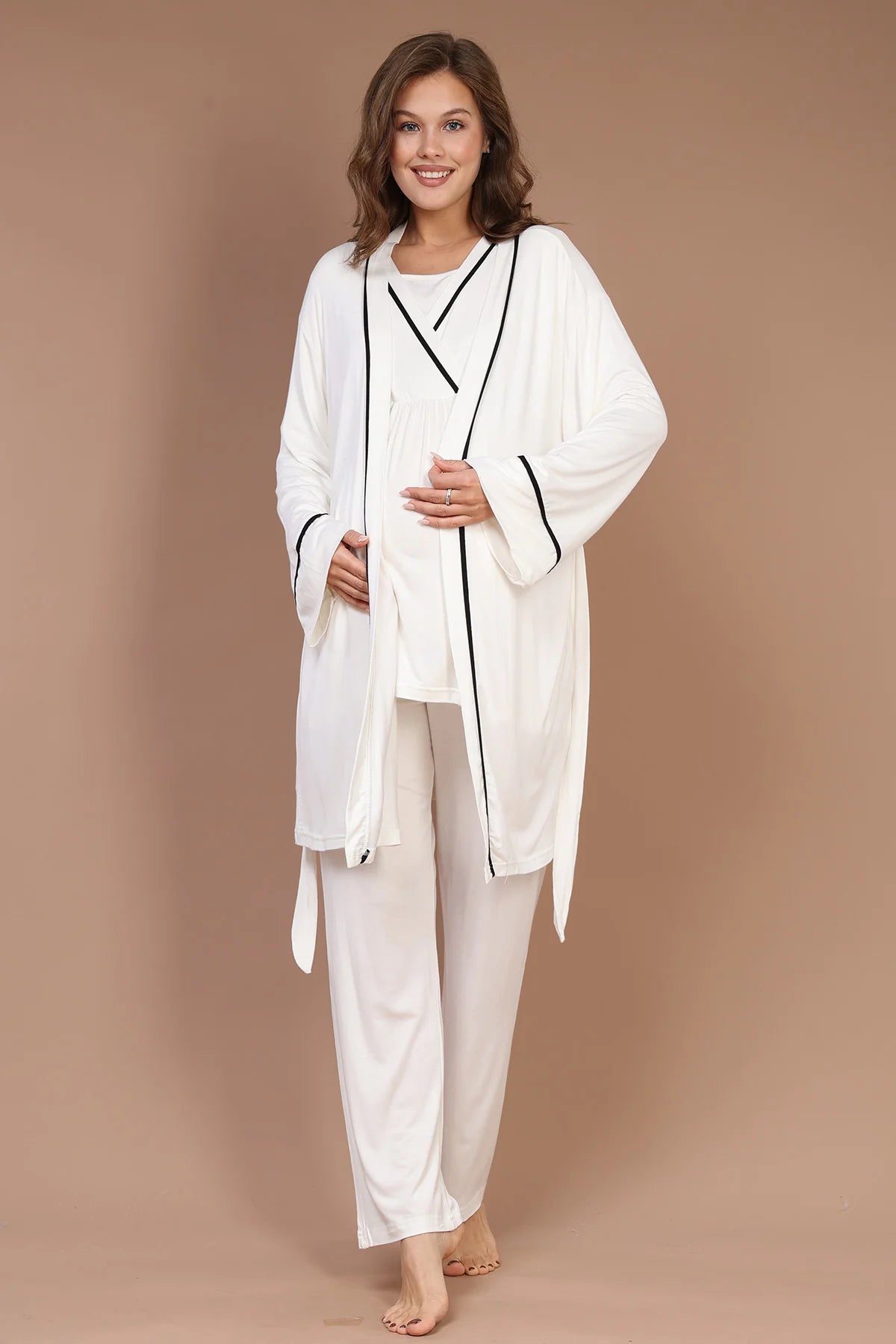 Kruvaze Biyeli Sabahlıklı Lohusa Hamile Pijama Takımı Ekru- 545