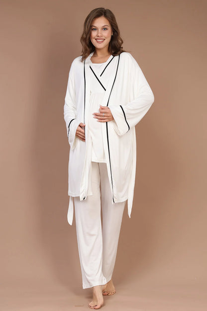 Kruvaze Biyeli Sabahlıklı Lohusa Hamile Pijama Takımı Ekru- 545
