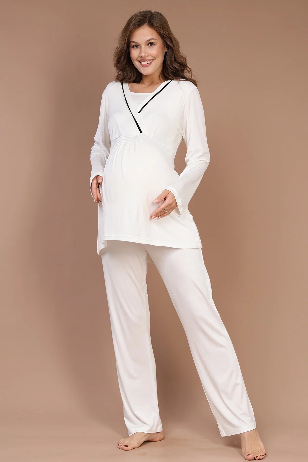 Kruvaze Biyeli Sabahlıklı Lohusa Hamile Pijama Takımı Ekru- 545