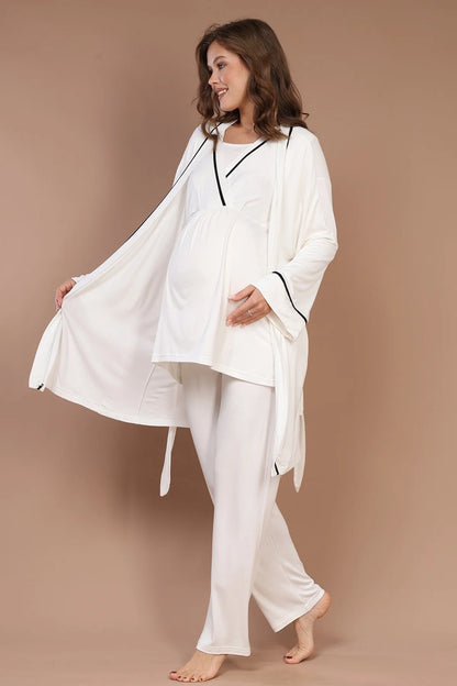 Kruvaze Biyeli Sabahlıklı Lohusa Hamile Pijama Takımı Ekru- 545
