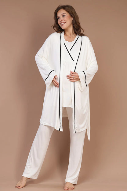 Kruvaze Biyeli Sabahlıklı Lohusa Hamile Pijama Takımı Ekru- 545