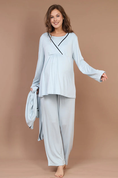 Kruvaze Biyeli Sabahlıklı Lohusa Hamile Pijama Takımı Mavi- 547
