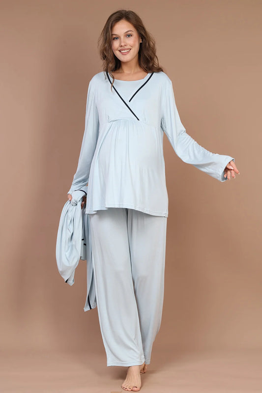 Kruvaze Biyeli Sabahlıklı Lohusa Hamile Pijama Takımı Mavi- 547