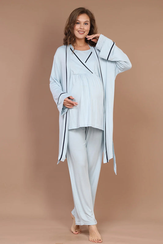 Kruvaze Biyeli Sabahlıklı Lohusa Hamile Pijama Takımı Mavi- 547