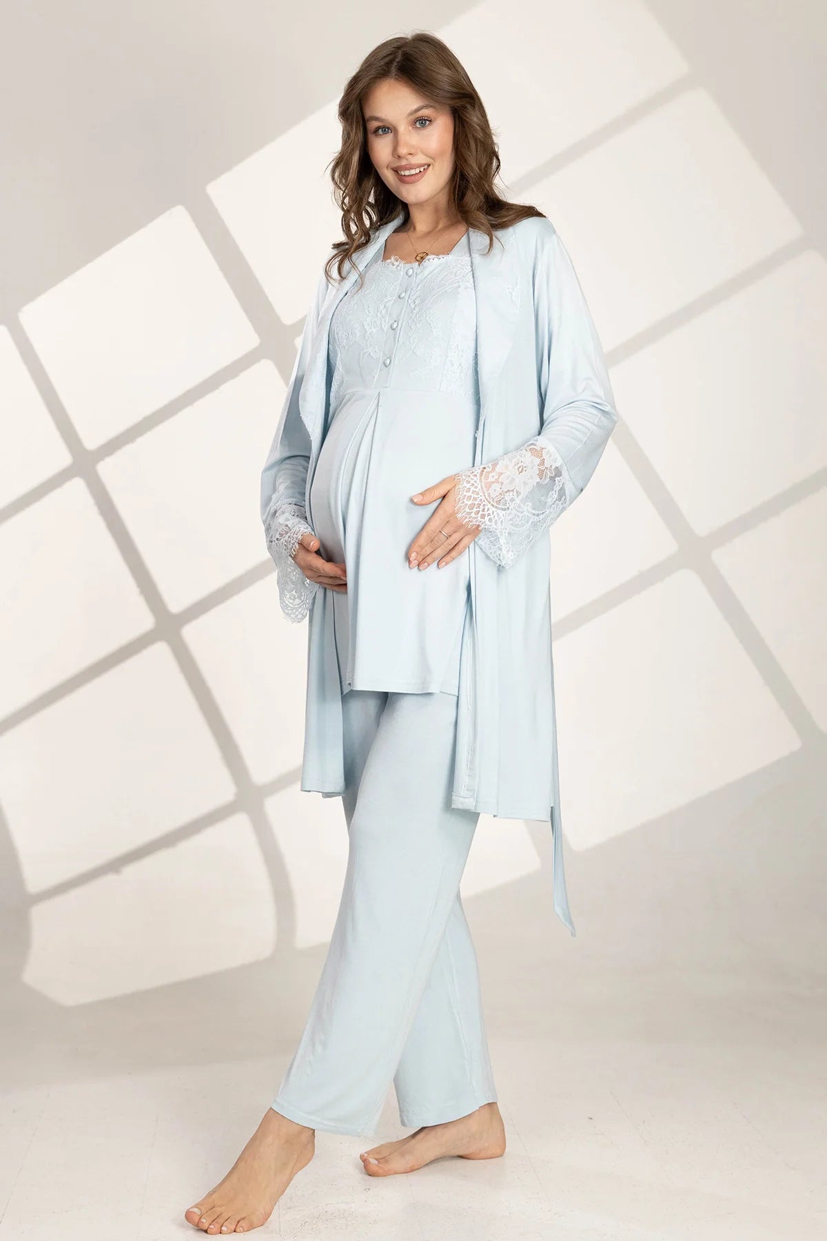 Önden Düğmeli Dantelli Sabahlıklı Lohusa Hamile Pijama Takımı Mavi - 560