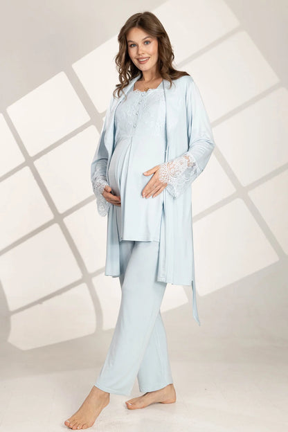 Önden Düğmeli Dantelli Sabahlıklı Lohusa Hamile Pijama Takımı Mavi - 560