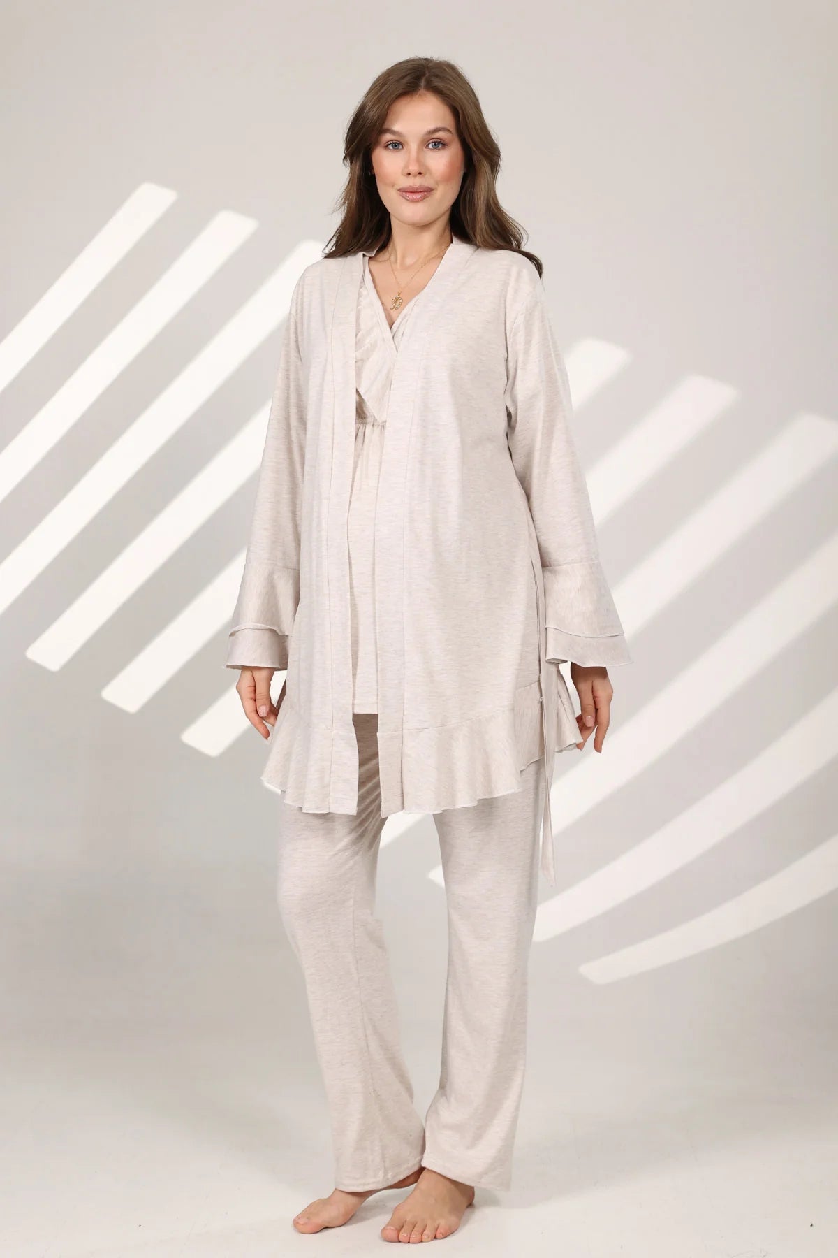 Kruvaze Sabahlıklı Lohusa Hamile Pijama Takımı Bej - 573