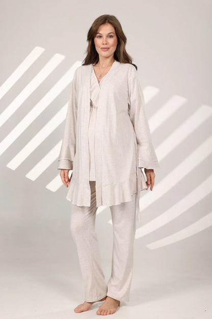 Kruvaze Sabahlıklı Lohusa Hamile Pijama Takımı Bej - 573