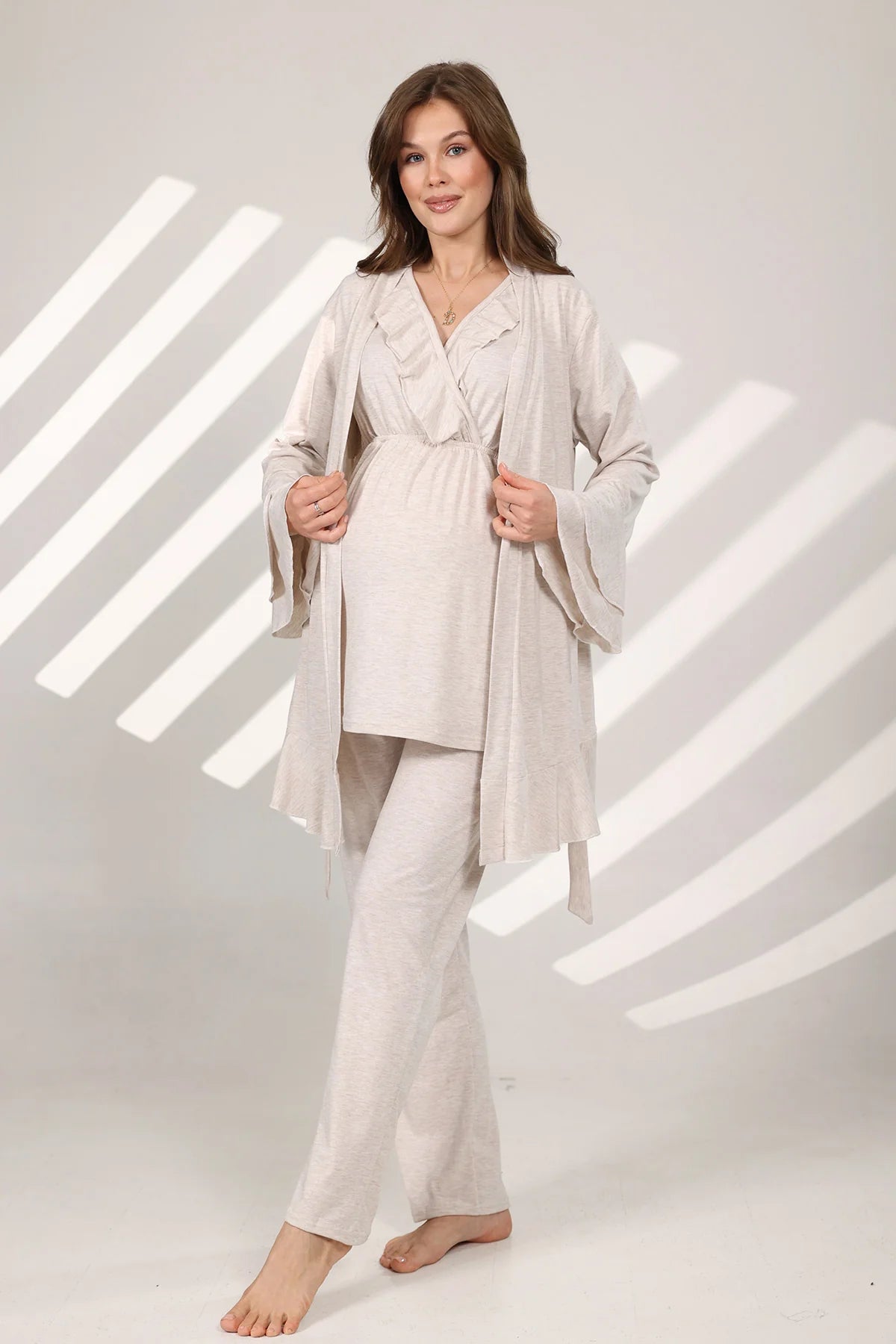 Kruvaze Sabahlıklı Lohusa Hamile Pijama Takımı Bej - 573