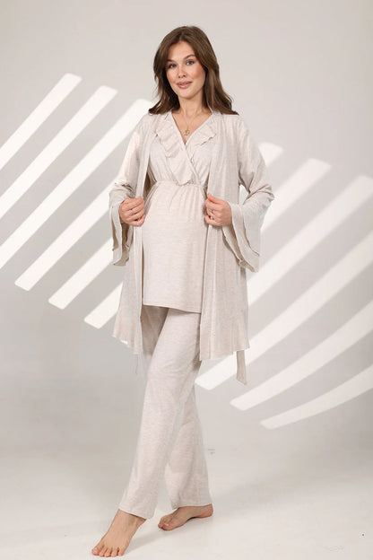 Kruvaze Sabahlıklı Lohusa Hamile Pijama Takımı Bej - 573