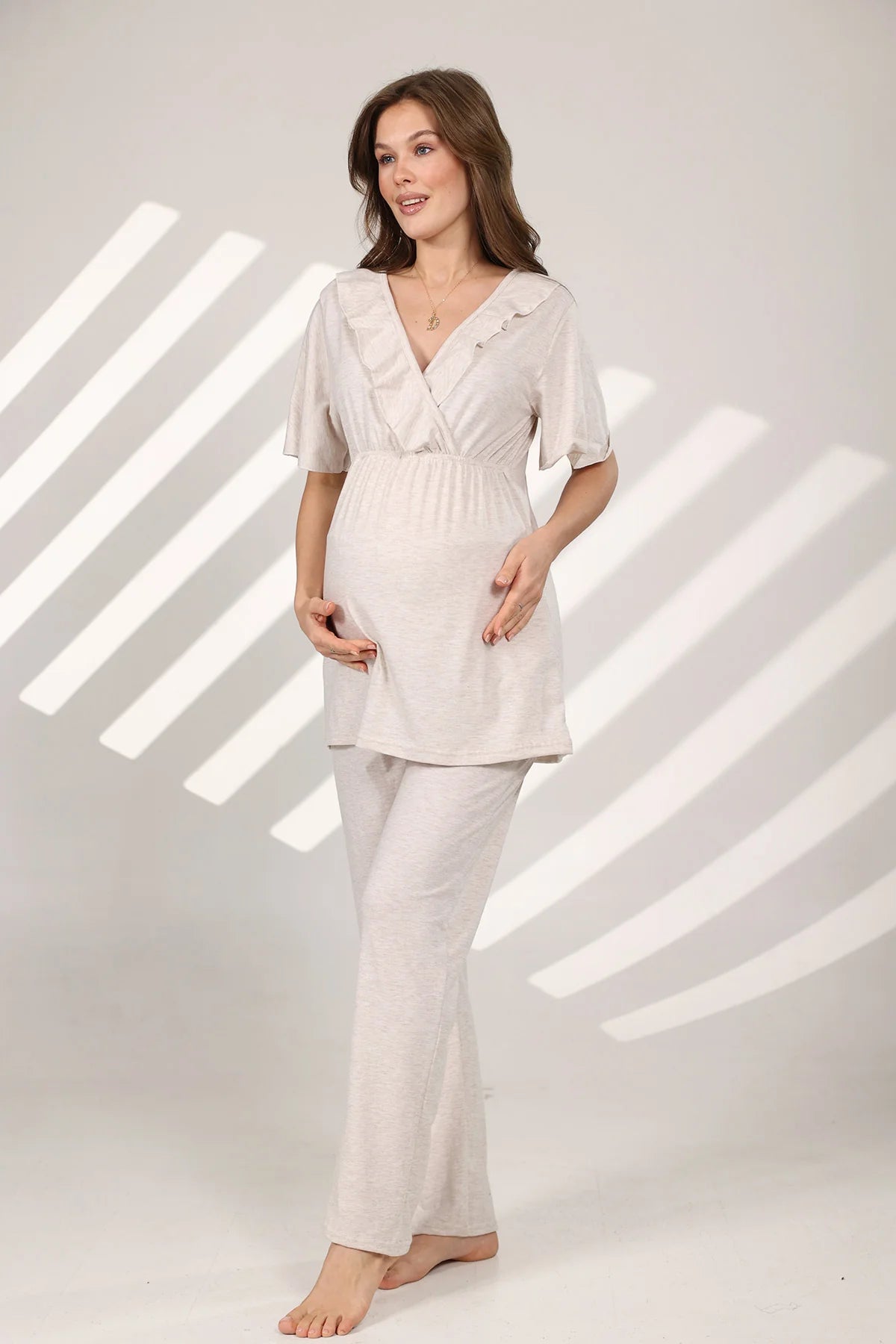 Kruvaze Sabahlıklı Lohusa Hamile Pijama Takımı Bej - 573