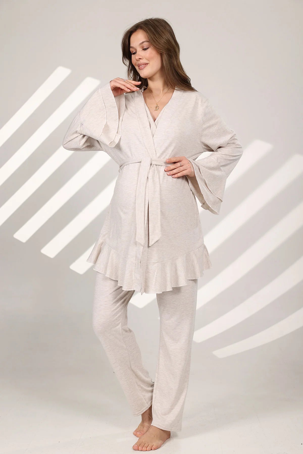 Kruvaze Sabahlıklı Lohusa Hamile Pijama Takımı Bej - 573