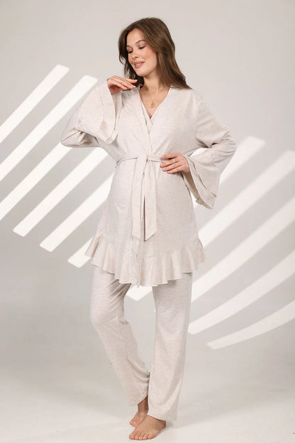 Kruvaze Sabahlıklı Lohusa Hamile Pijama Takımı Bej - 573