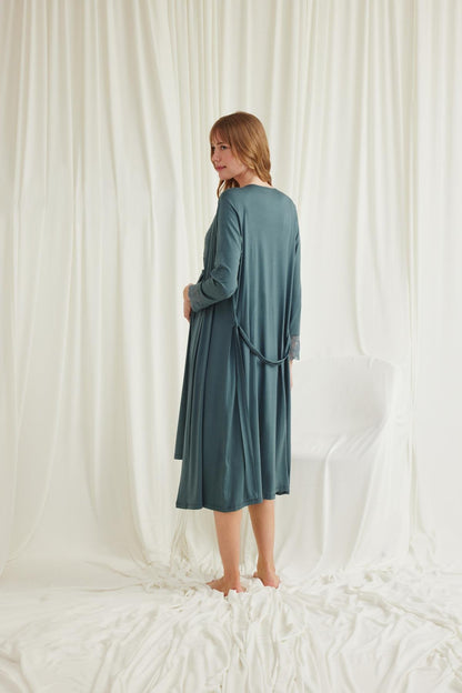 Önden Düğmeli Dantelli  Sabahlıklı Lohusa Hamile Gecelik Takımı - 18534