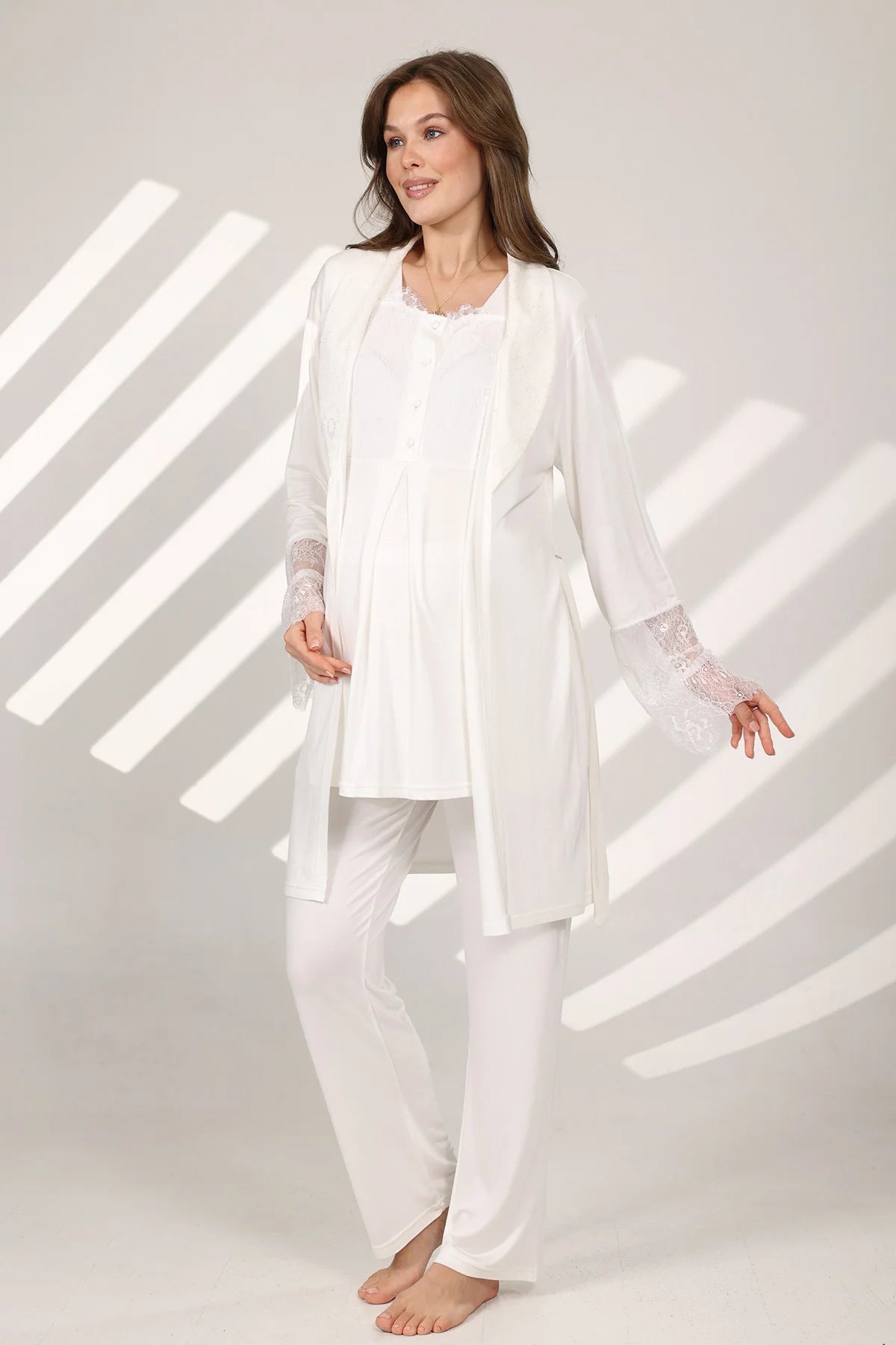 Dantel Yaka Önden Düğmeli Sabahlıklı Lohusa Hamile Pijama Takımı Ekru - 577