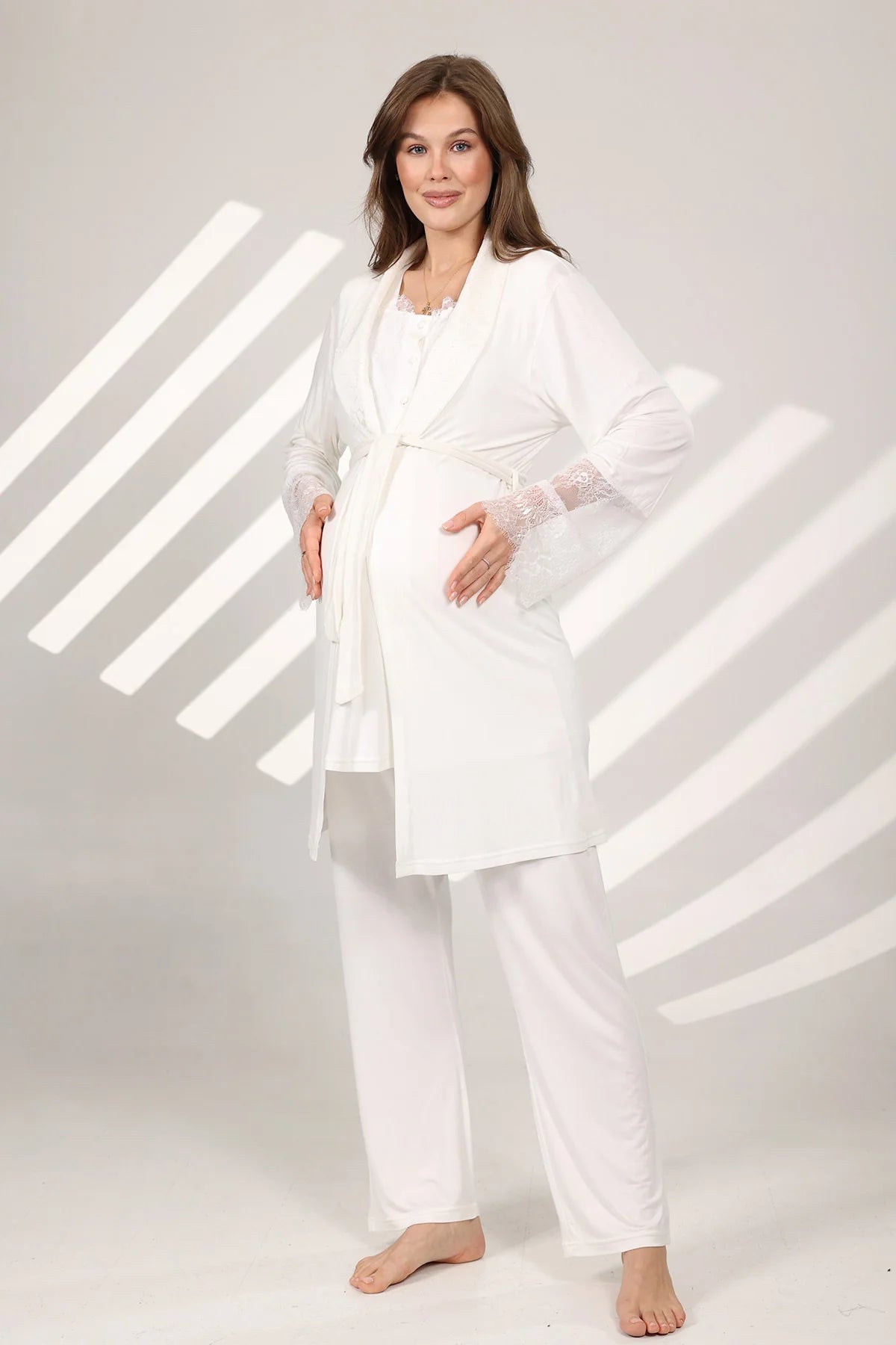 Dantel Yaka Önden Düğmeli Sabahlıklı Lohusa Hamile Pijama Takımı Ekru - 577