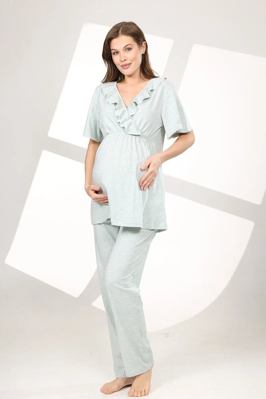 Gizli Emzirme Özellikli Pileli  Sabahlıklı Lohusa Hamile Pijama Takımı Mavi - 584
