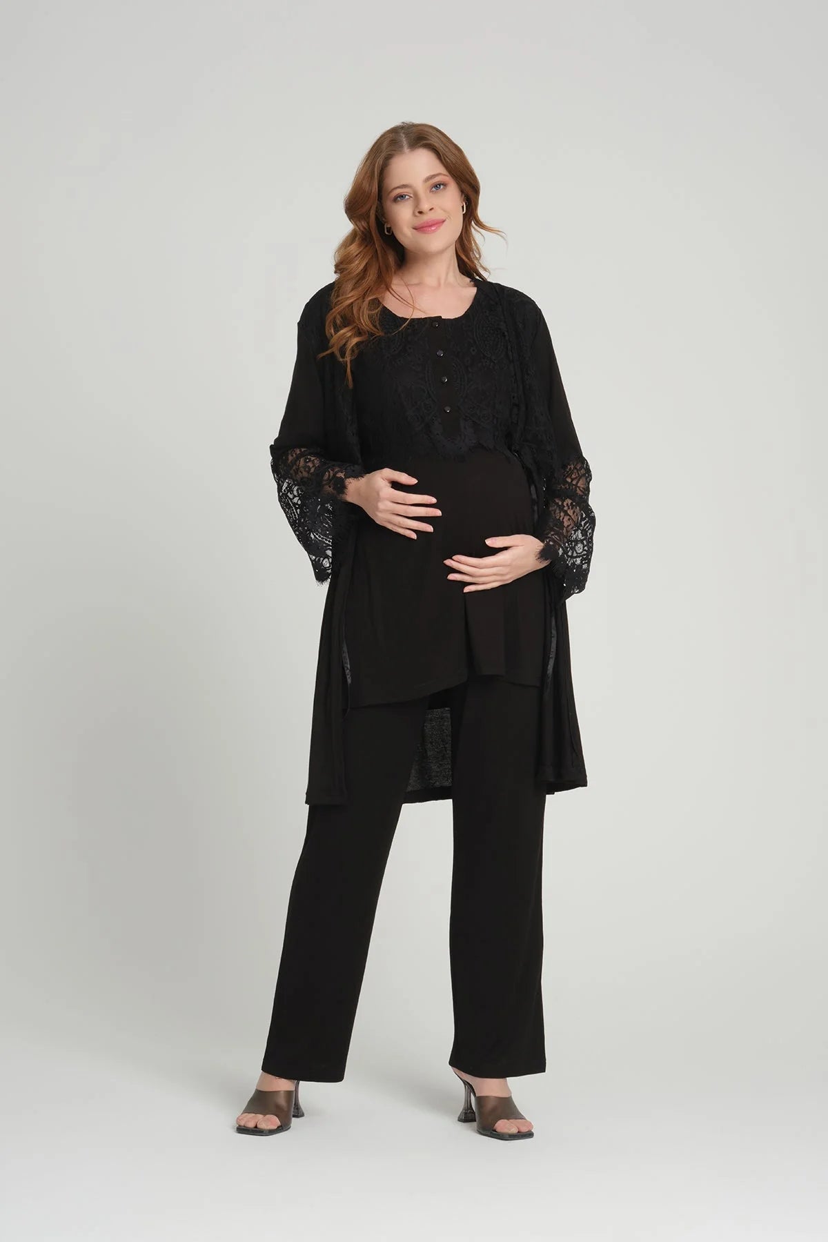 Dantel Kollu Sabahlıklı Lohusa Pijama Takımı Siyah - 1218