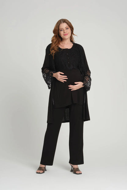 Dantel Kollu Sabahlıklı Lohusa Pijama Takımı Siyah - 1218