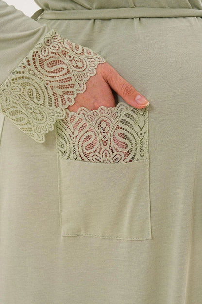 3’Lü Pijama Takımı - Sabahlıklı Dantel Detay Lohusa Hamile Takım Yeşil- 6330