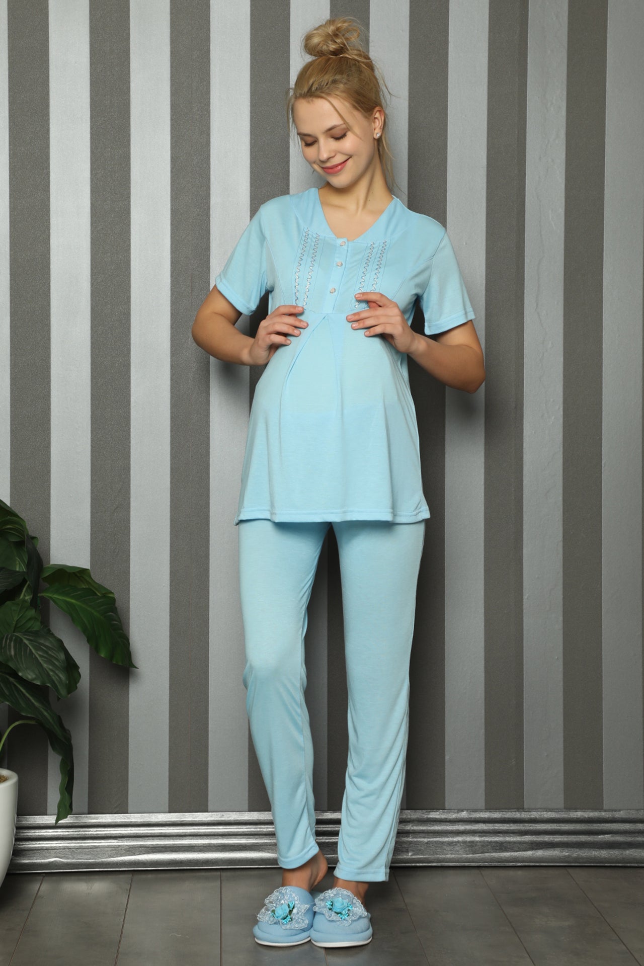 Önden Düğmeli Lohusa Hamile Pijama Takımı -  1143