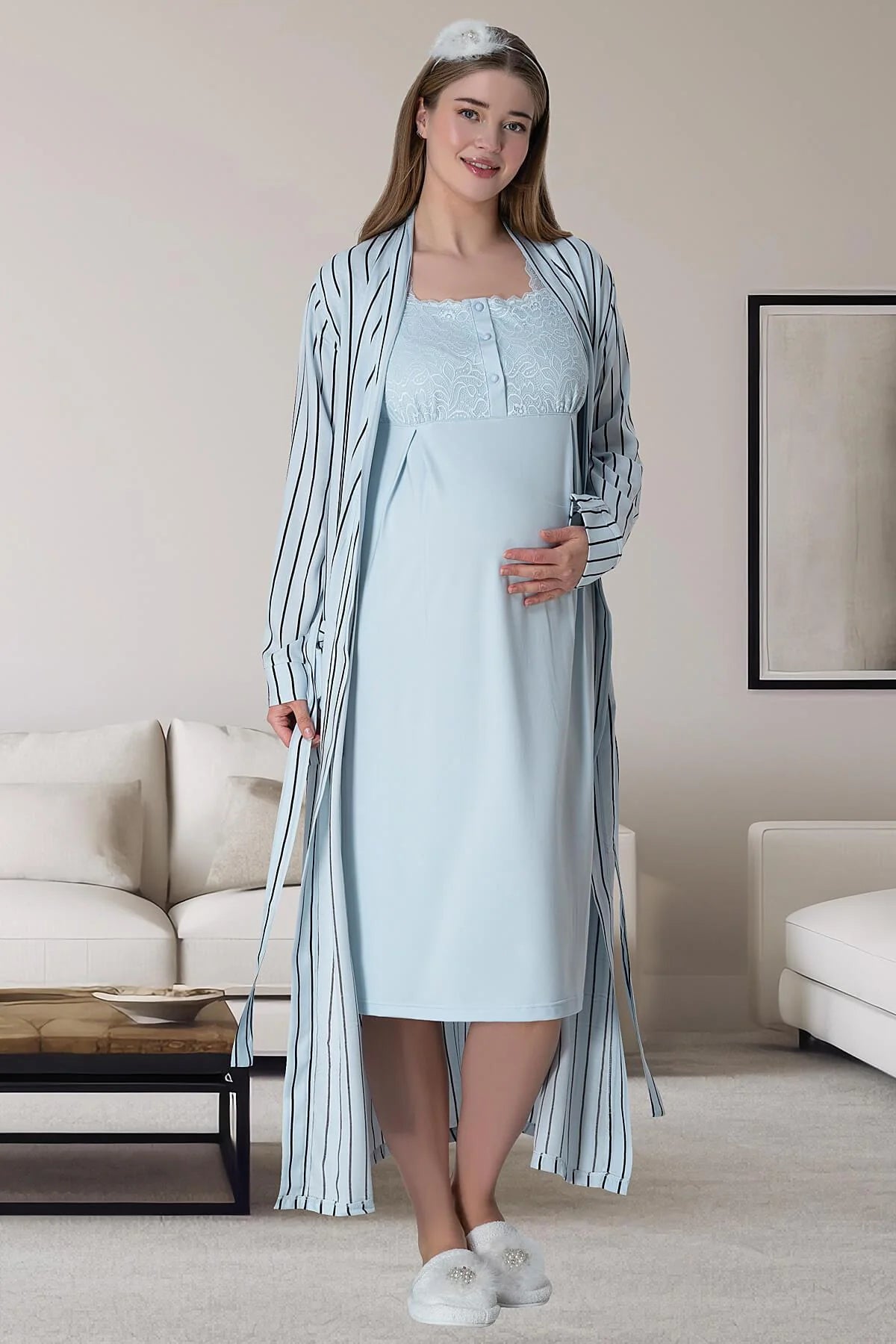 Çizgili Sabahlıklı Hamile Lohusa Gecelikli Pijama Takımı 4'Lü Set Mavi - 6063