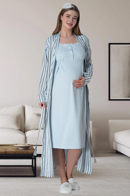 Çizgili Sabahlıklı Hamile Lohusa Gecelikli Pijama Takımı 4'Lü Set Mavi - 6063