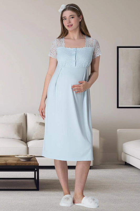 Çizgili Sabahlıklı Hamile Lohusa Gecelikli Pijama Takımı 4'Lü Set Mavi - 6063