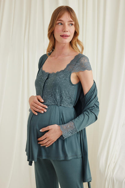 Dantelli Omuz Sabahlıklı Lohusa Pijama Takımı - 18535