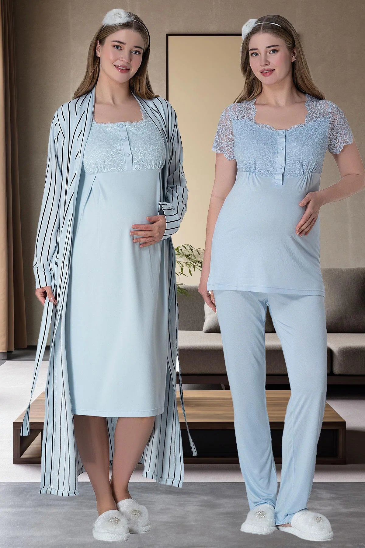 Çizgili Sabahlıklı Hamile Lohusa Gecelikli Pijama Takımı 4'Lü Set Mavi - 6063