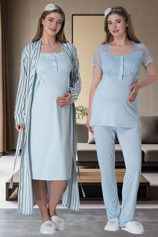 Çizgili Sabahlıklı Hamile Lohusa Gecelikli Pijama Takımı 4'Lü Set Mavi - 6063